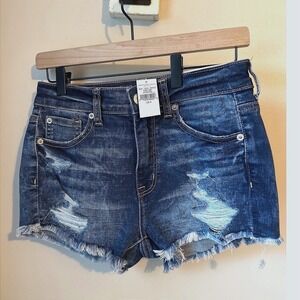 NWT American Eagle Hi Rise Shortie Denim Shorts Distressed Raw‎ Hem Size 4